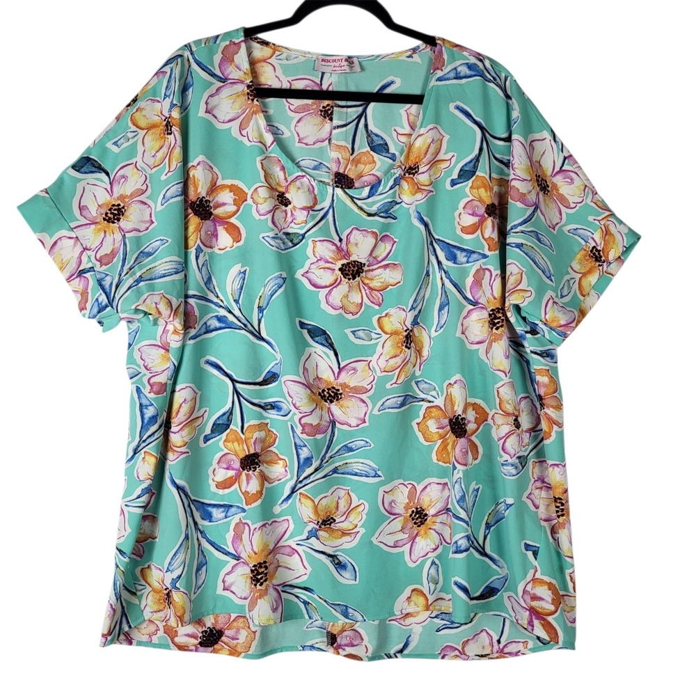 Bohemian Floral Top Women's 2X Blue Floral Cuffed Short Sleeve Tropical Beach